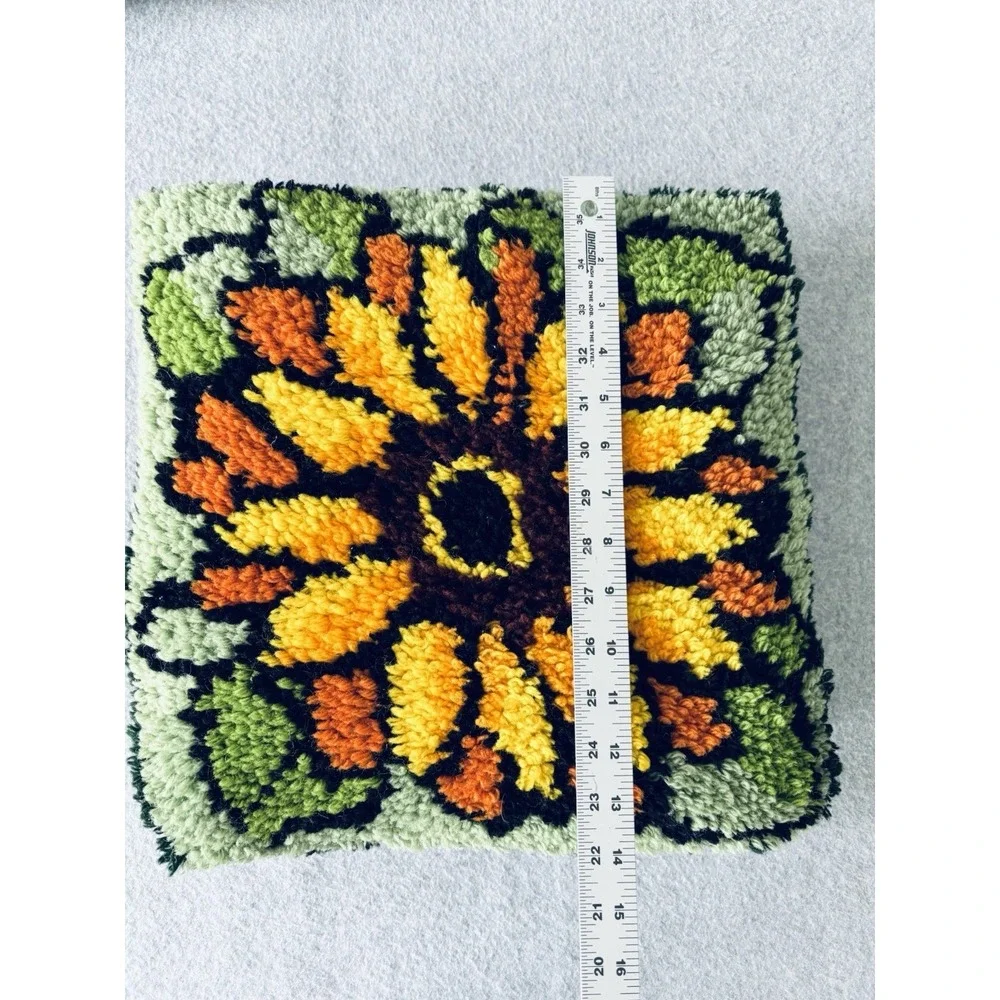 Vintage Sunflower Latch Hook 70s Handmade Pillow Unique‎ Orange Yellow Green